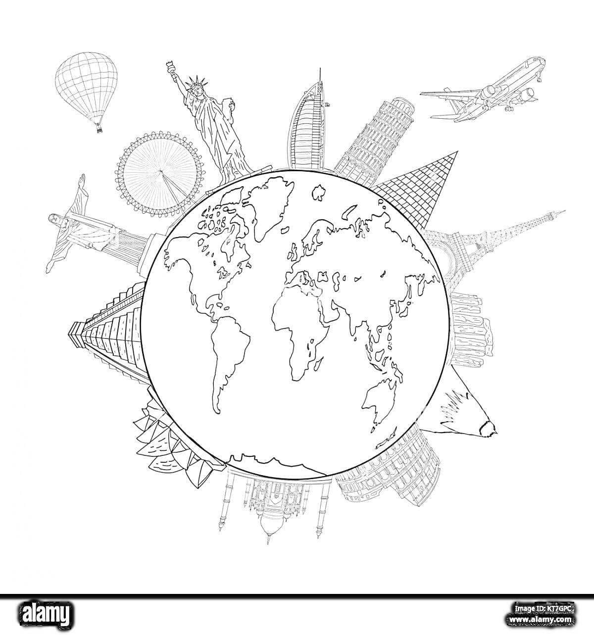 Раскраска Земля, окруженная известными достопримечательностями и элементами путешествий, такими как воздушный шар, колесо обозрения, Биг Бен, кремль, Эйфелева башня, пирамида Хеопса, самолет, Лондонский мост, статуя Христа-Искупителя, Пизанская башня, башни Петрона