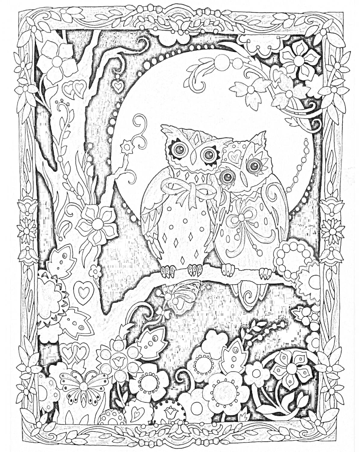 Раскраска Две совы на ветке под луной в окружении цветов и листьев в декоративной рамке