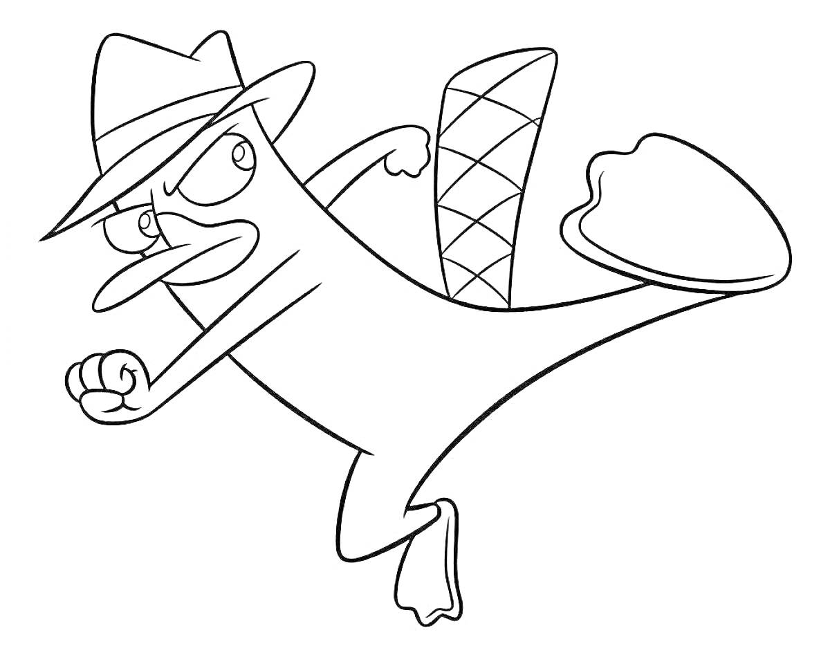 Раскраска Прыгающий мистер Пи в шляпе с поднятой ногой и сжатым кулаком