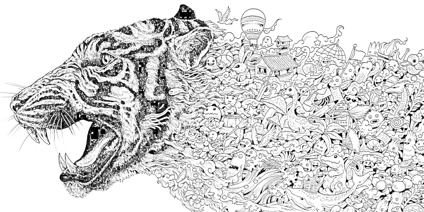 На раскраске изображено: Тигр, Животные, Предметы, Хаос, Арт, Детали