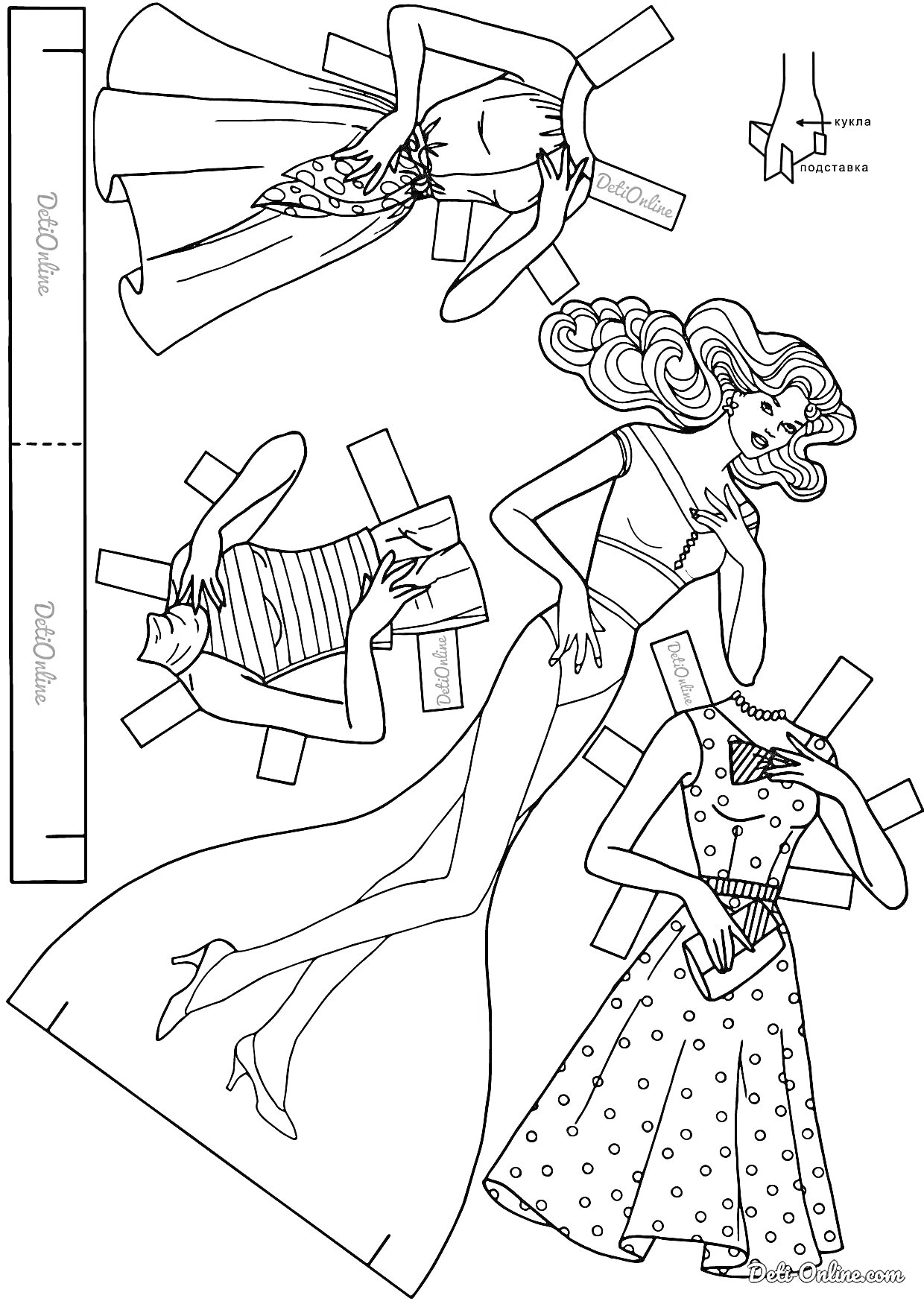 На раскраске изображено: Бумажная кукла, Барби, Одежда, Платье, Наряд, Творчество