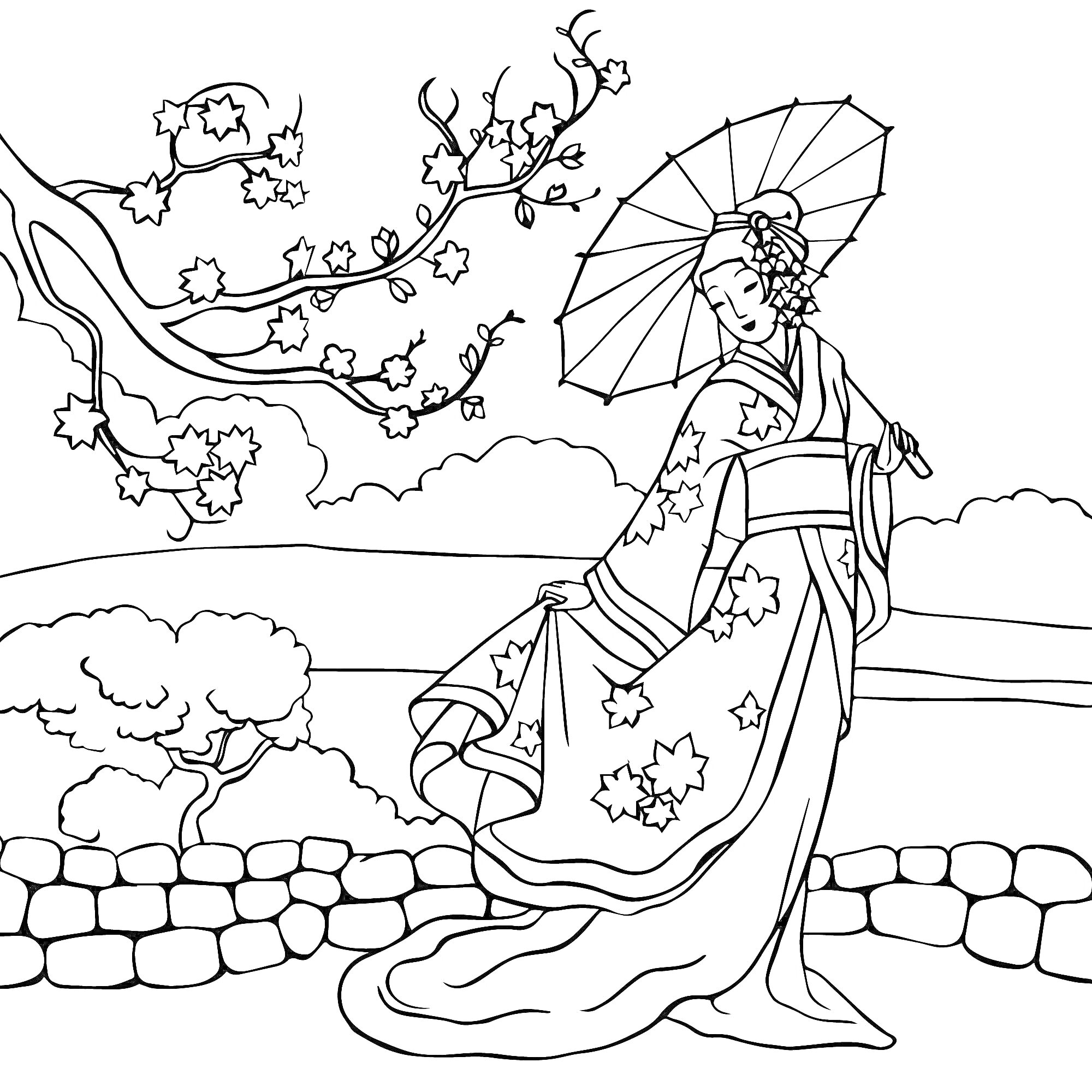 На раскраске изображено: Китай, Зонт, Цветущее дерево, Каменная стена, Природа