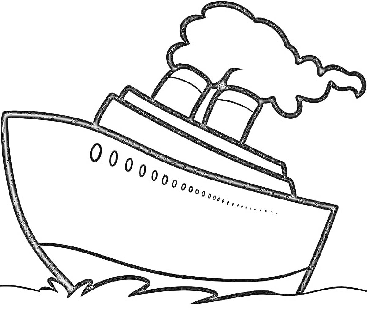 На раскраске изображено: Пароход, Корабль, Волны, Пар, Транспорт, Море