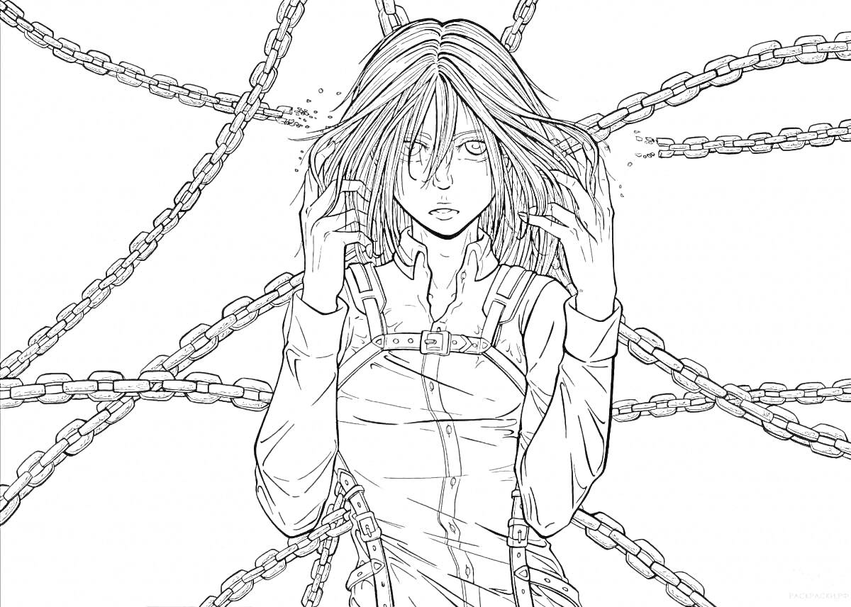Раскраска Девушка аниме с длинными волосами и решительным выражением лица, окруженная цепями, в расстегнутой куртке