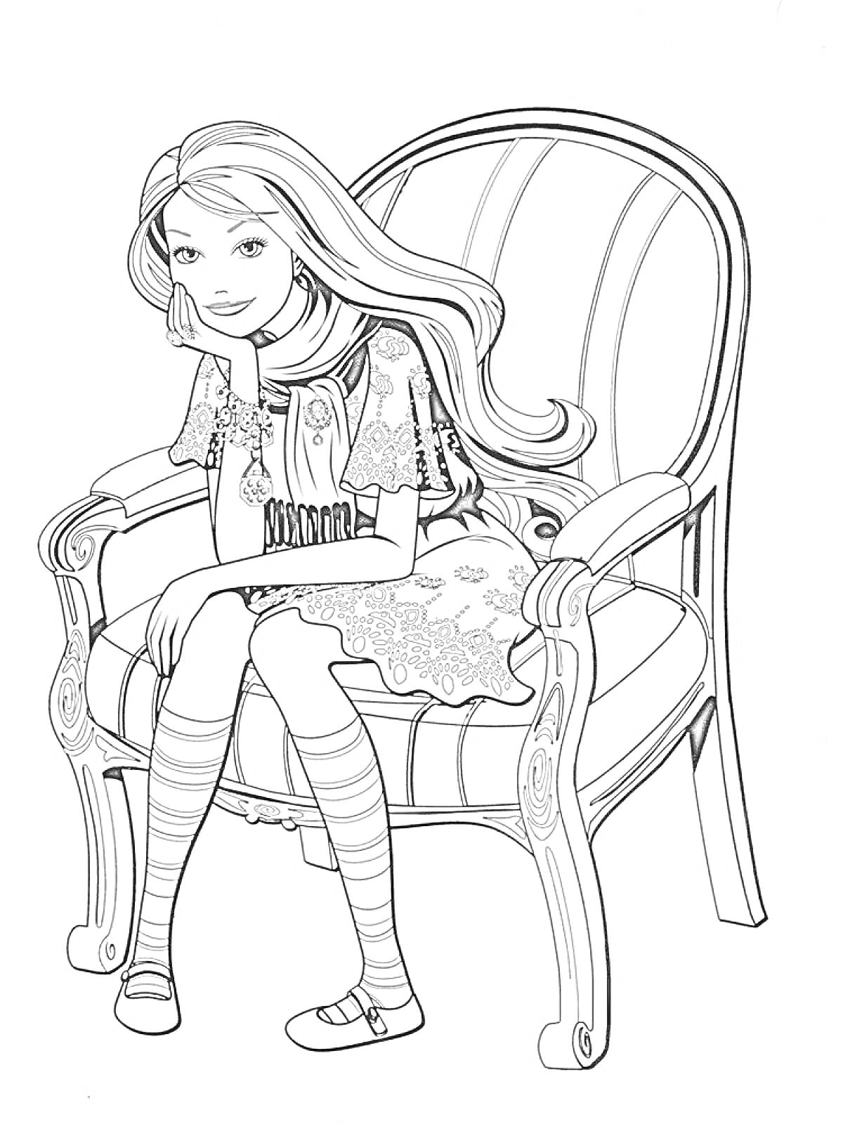 Раскраска Девушка с длинными волосами, сидящая на кресле