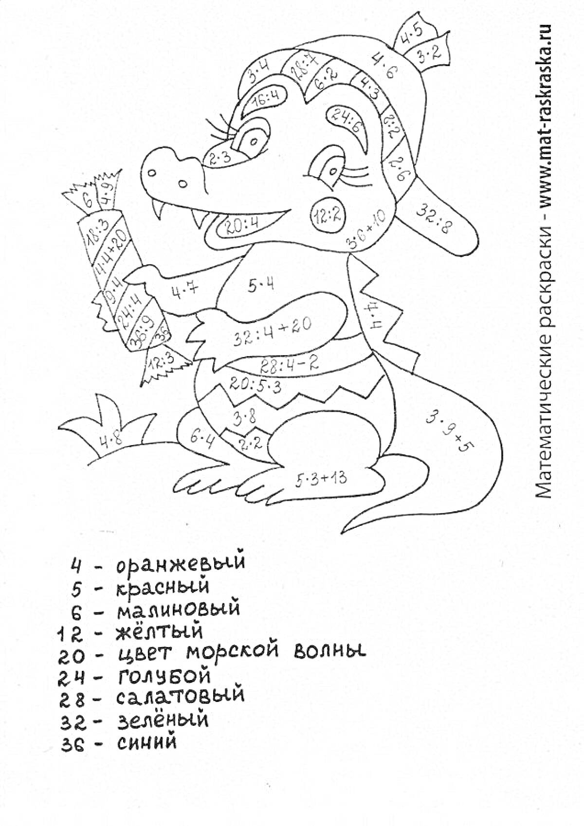 На раскраске изображено: Таблица умножения, Крокодил, Цифры, Математика