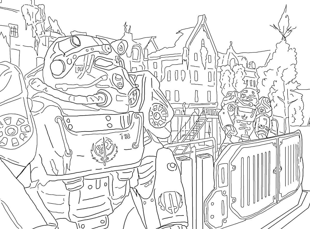 Раскраска Силовая броня в городе с ограждением и зданиями