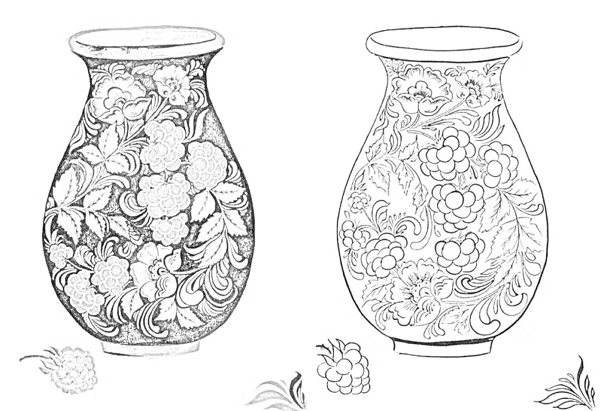 Раскраска Ваза с хохломской росписью, включающая цветы и листья, черно-белый вариант для раскраски