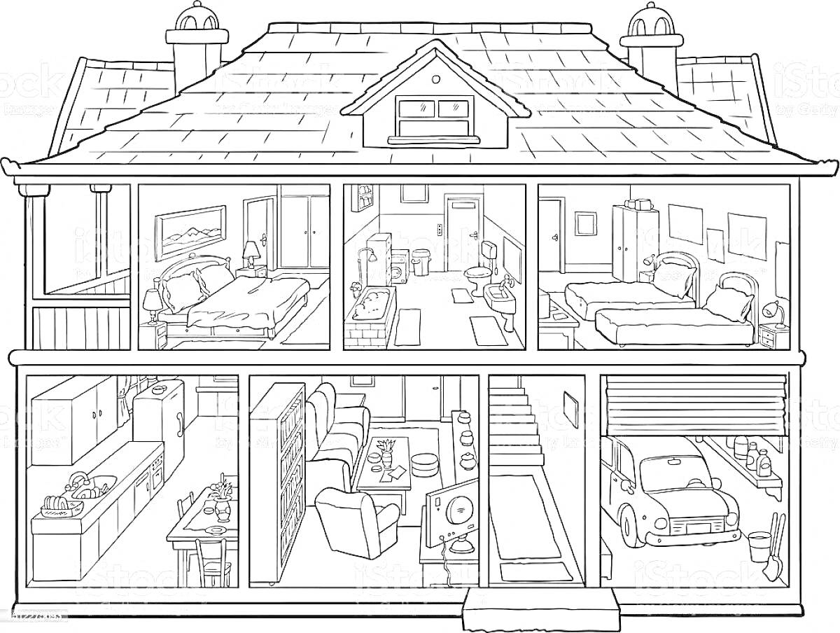 Раскраска Дом в разрезе с изображением спальни, кухни, гостиной, лестницы, ванной комнаты, гаража и детской комнаты