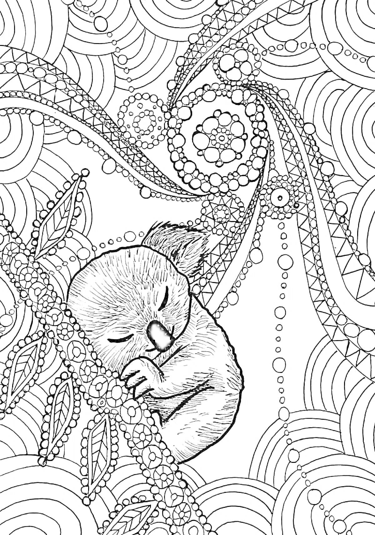 Раскраска Спящая коала на ветке с узорами, листьями и круговыми узорами