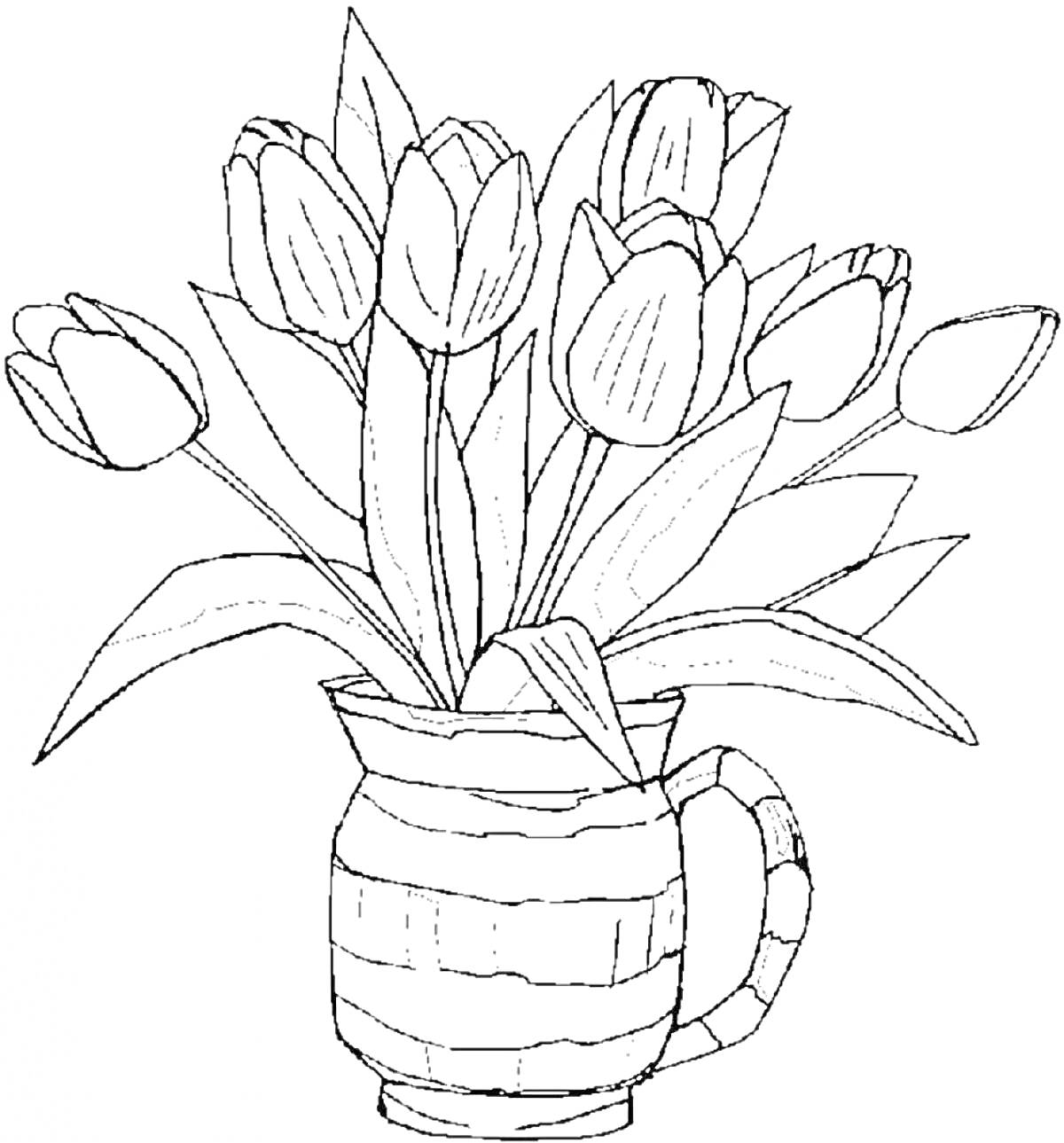 На раскраске изображено: Тюльпаны, Ваза, Цветы, Для мамы
