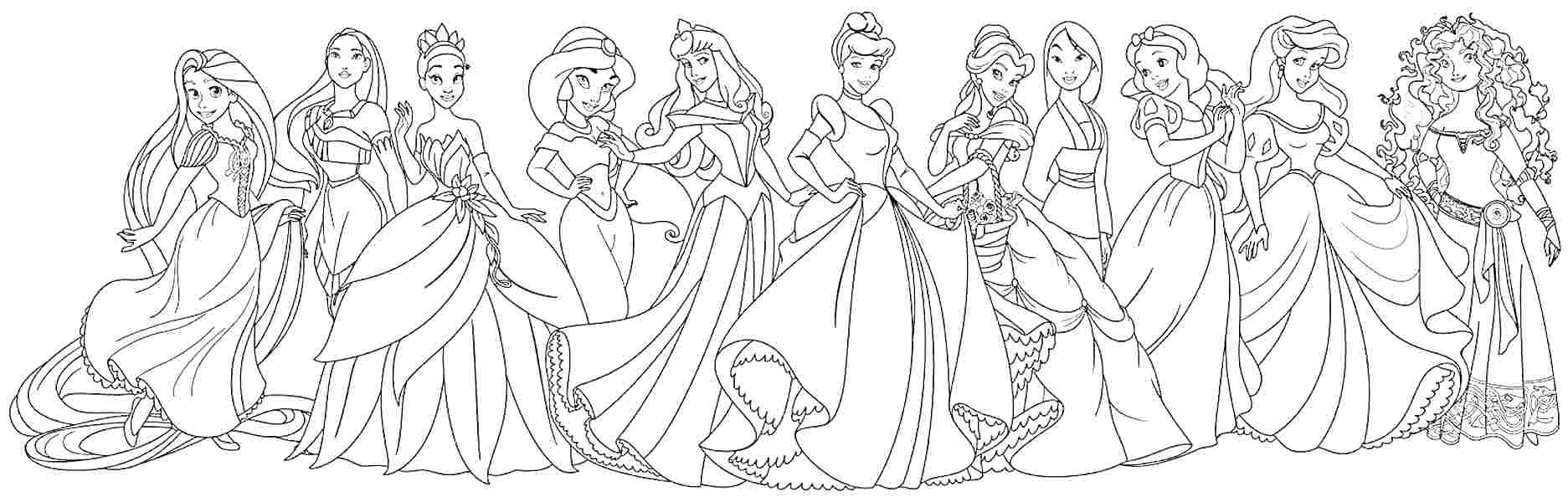 Раскраска Диснеевские принцессы - группа принцесс, стоящих в ряд: Рапунцель, Белоснежка, Мулан, Жасмин, Тиана, Аврора, Золушка, Бель, Ариэль, Покахонтас, Мерида