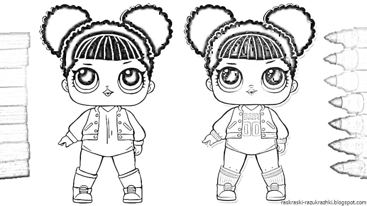 Раскраска Две куклы ЛОЛ с объемными прическами и большими глазами, верхняя одежда на молнии и шорты, справа - цветные карандаши