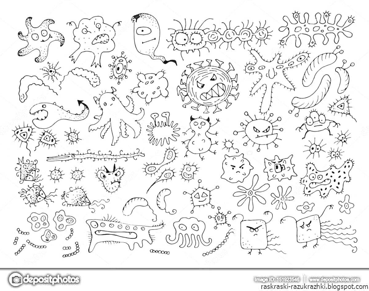 На раскраске изображено: Микробы, Бактерии, Вирусы, Простейшие, Микроорганизмы, Биология, Наука, Детское творчество