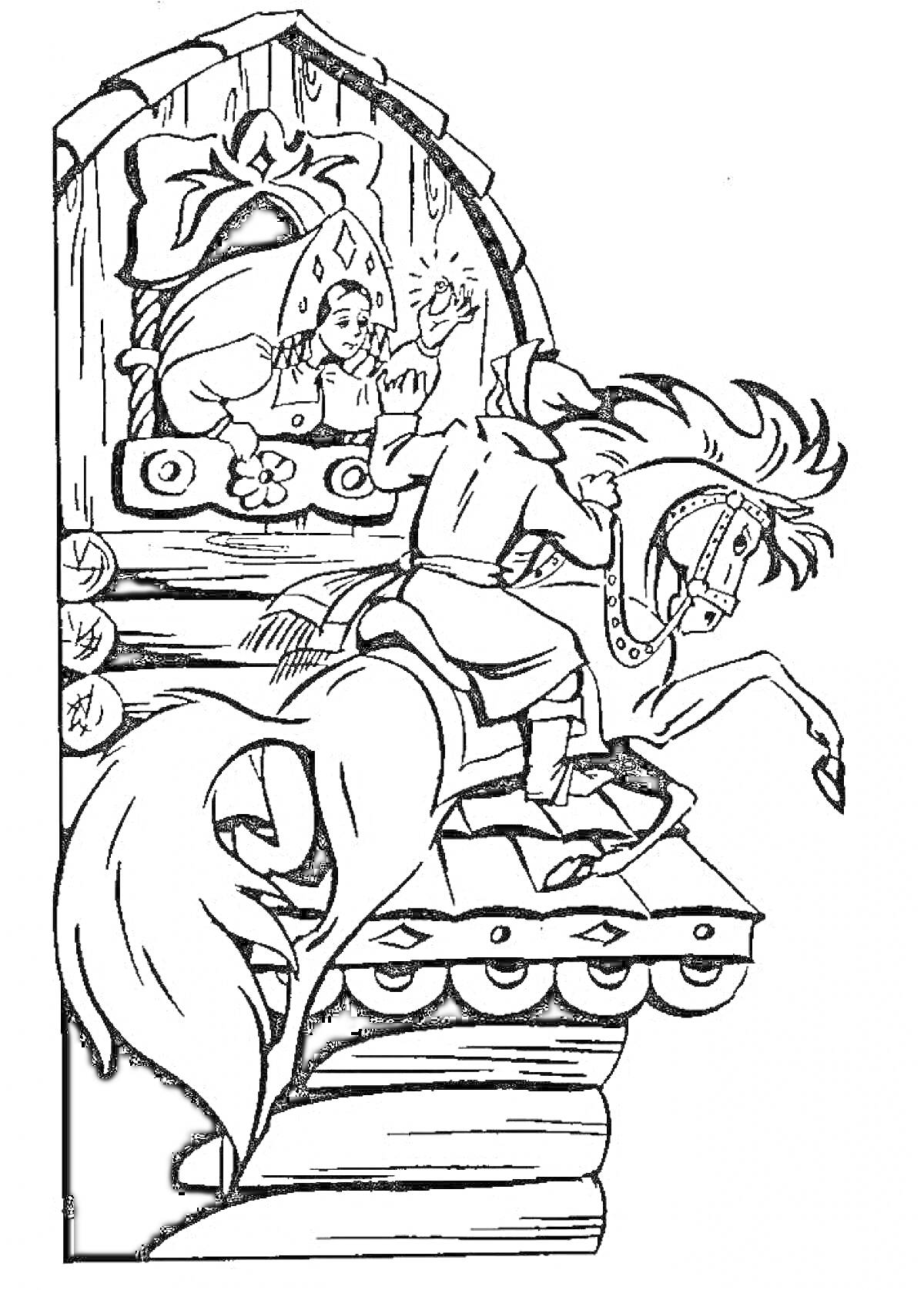 На раскраске изображено: Всадник, Конь, Из сказок, Принцесса, Средневековье, Героизм, Окна, Башни