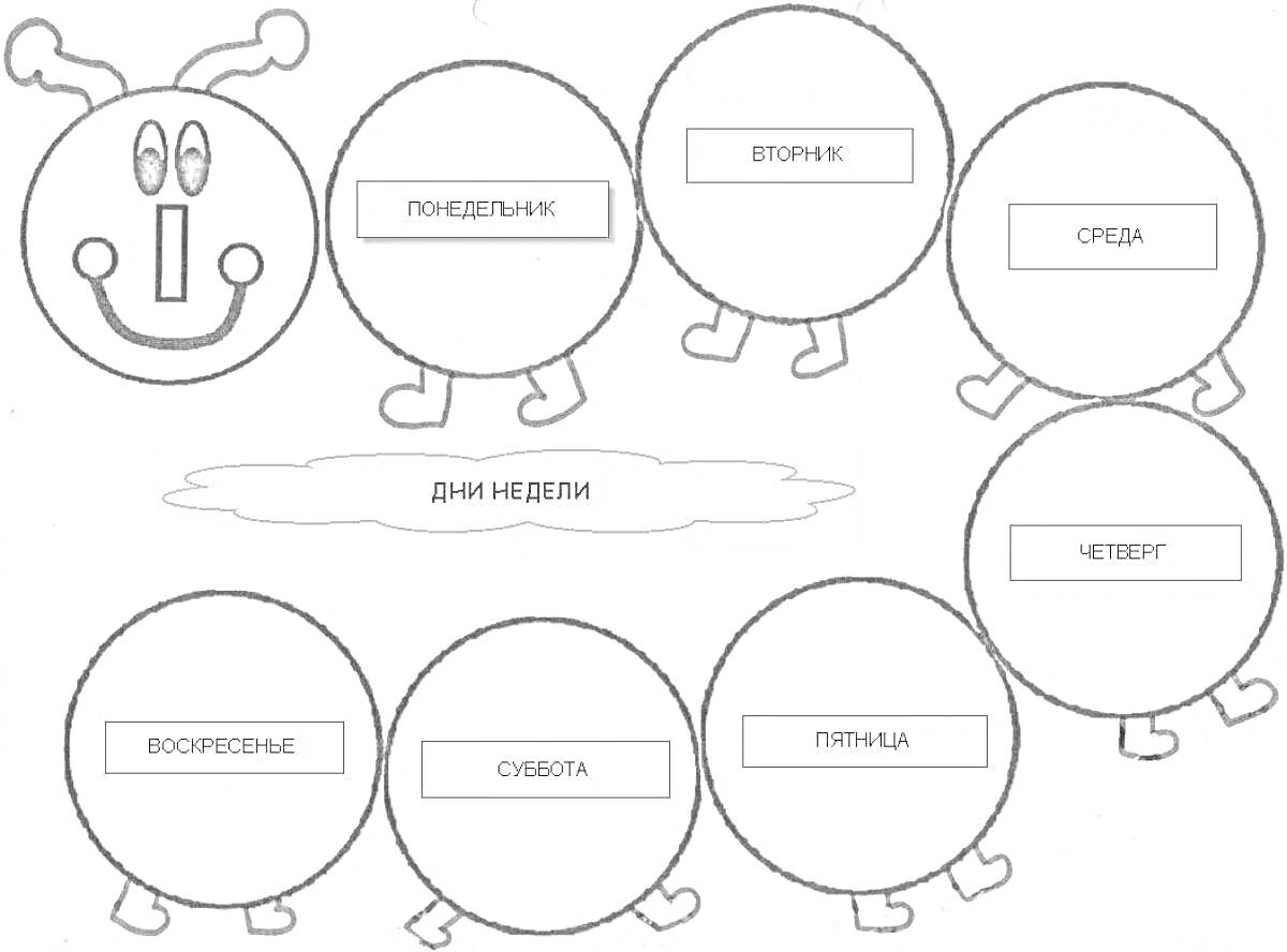 На раскраске изображено: Дни недели, Понедельник, Вторник, Среда, Четверг, Пятница, Суббота, Воскресенье