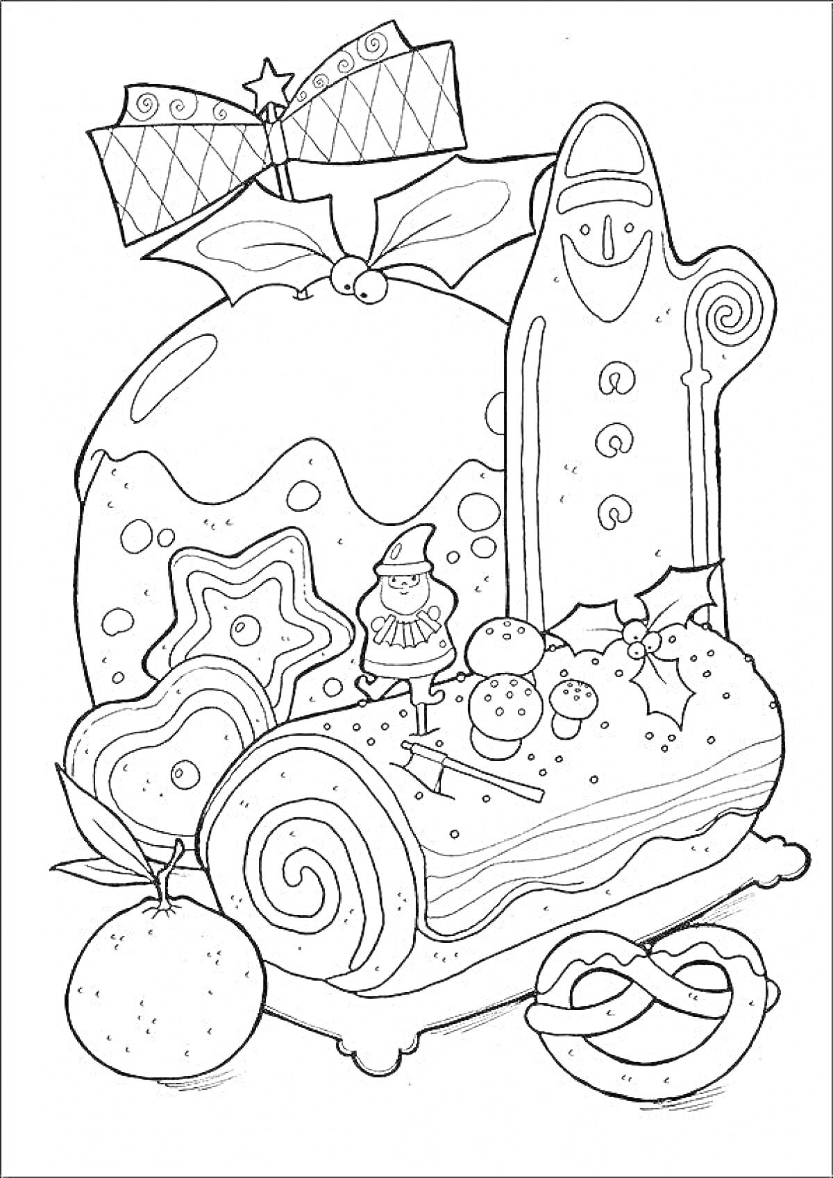 На раскраске изображено: Новый год, Натюрморт, Торт, Елочный шар, Мандарин, Рождество, Праздничные украшения