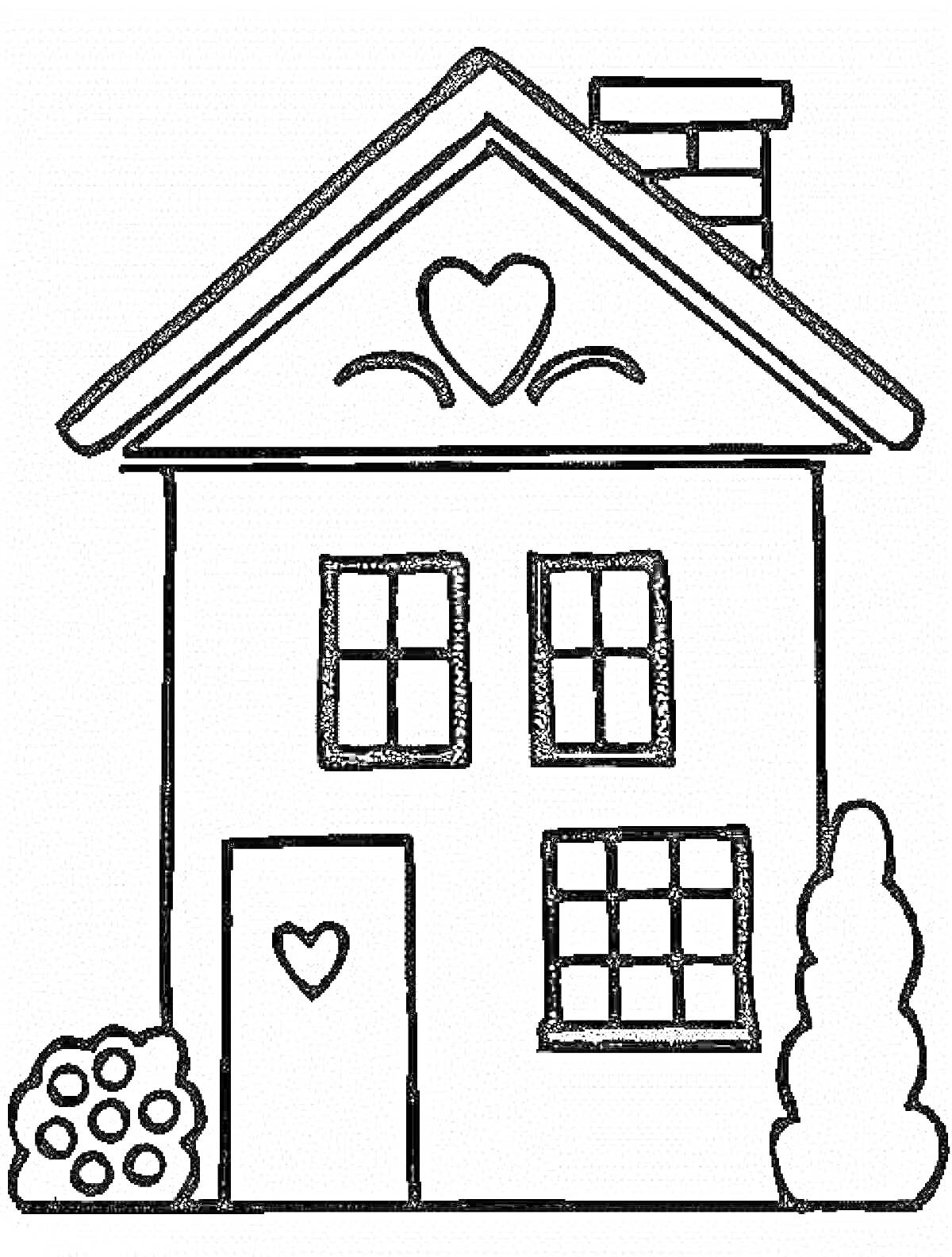 На раскраске изображено: Дом, Окна, Дверь, Клумба, Двухэтажный дом, Кусты, Сердца