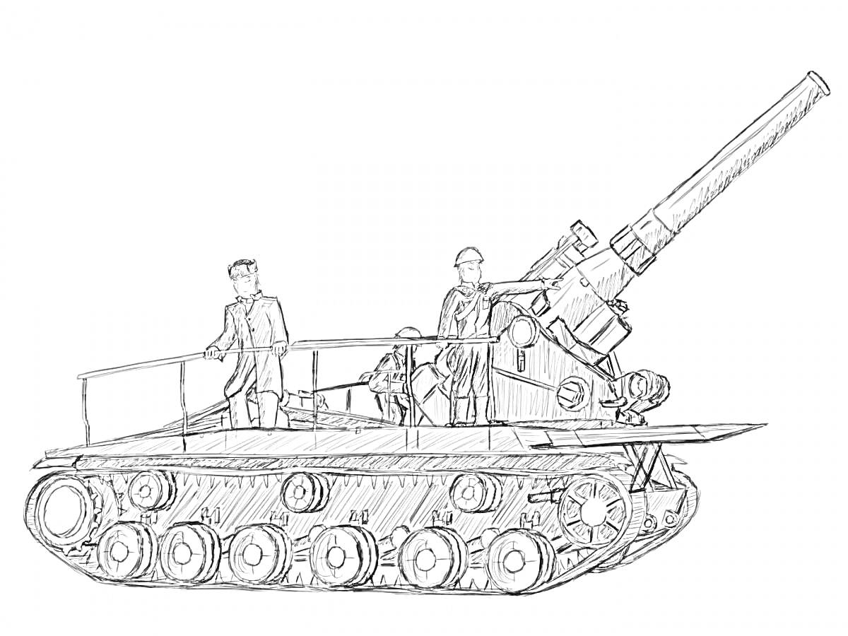 На раскраске изображено: Танк, КВ-44, Пушка, Военные, Военная техника, Гусеницы, Артиллерия