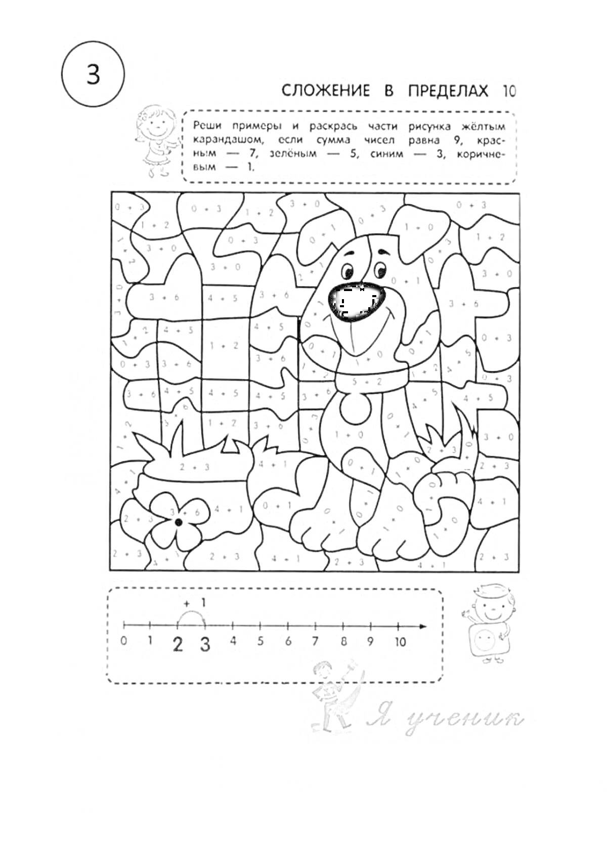 Раскраска Раскраска по математике для 1 класса с упражнениями на сложение в пределах 10, изображена собака с мячом на фоне забора и травы, внизу числовая линейка для помощи в счёте