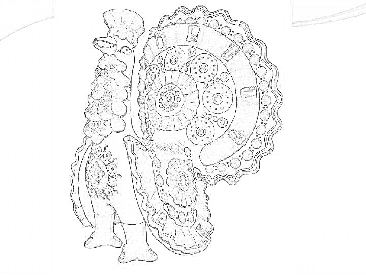 Раскраска индюк дымковская игрушка с большой расписной дугой, украшенной круглыми и овальными орнаментами на хвосте, украшенный грудной частью с узорами, голова и шею с характерными дымковскими элементами