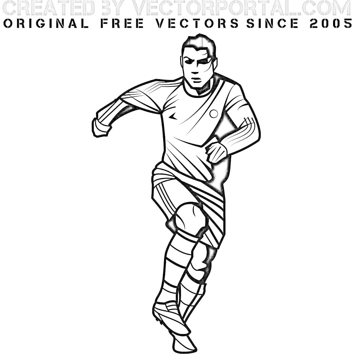 На раскраске изображено: Футболист, Спортивная форма, Бег, Спорт, Вектор