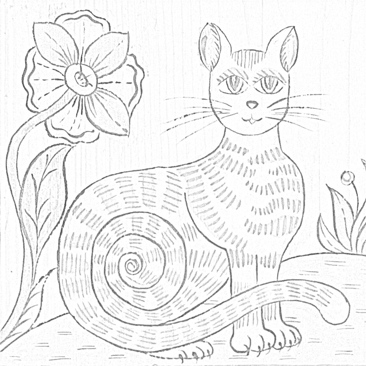 На раскраске изображено: Кот, Листья, Трава, Усы, Полосатый кот
