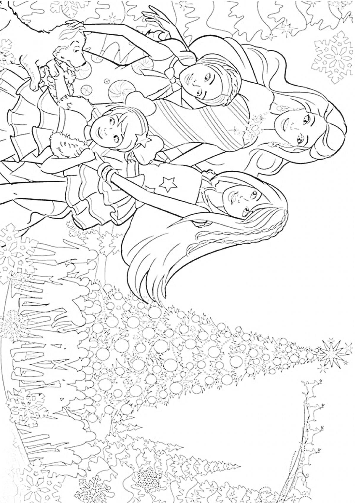Раскраска Барби и друзья на фоне рождественской елки, украшенной шарами и гирляндами, девушки одеты в зимние наряды, стоят под снежинками