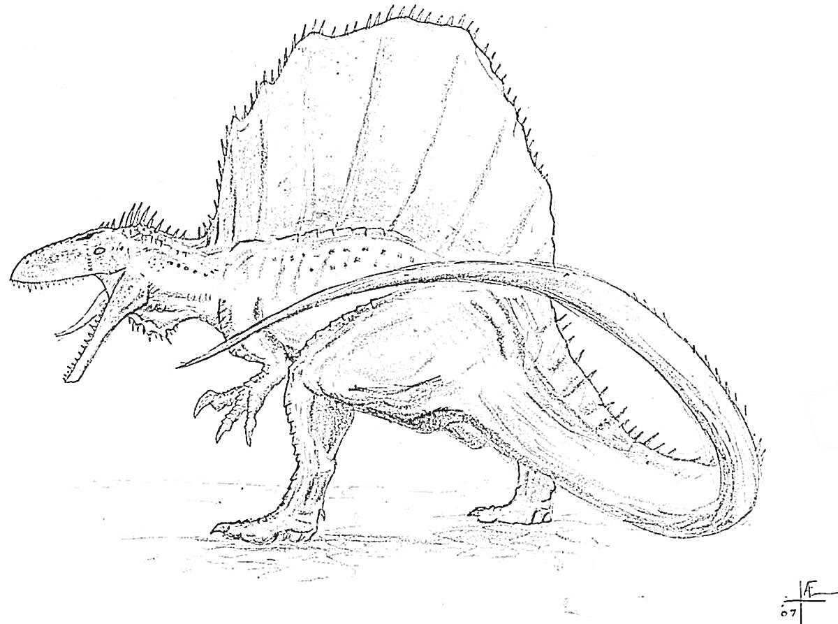 Раскраска Спинозавр с раскрытой пастью на фоне