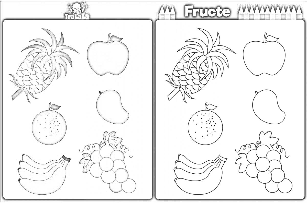На раскраске изображено: Фрукты, Ананас, Яблоко, Апельсин, Манго, Виноград