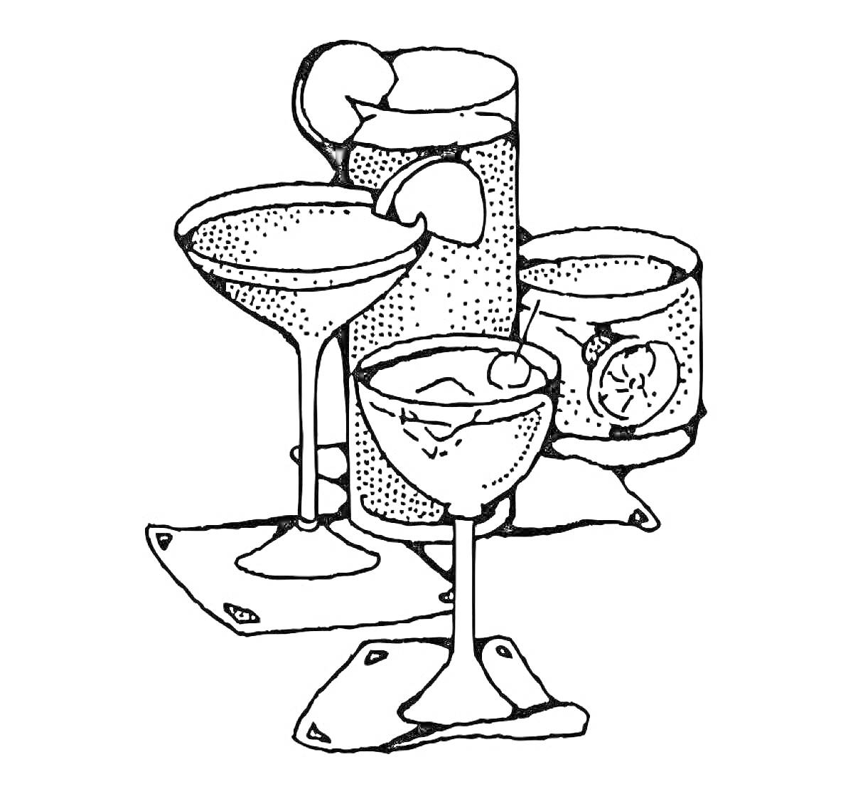 Раскраска Четыре коктейля с украшениями (лимон, вишня, лед), Коктейльные бокалы с кубиками льда, украшениями фруктов и салфетками