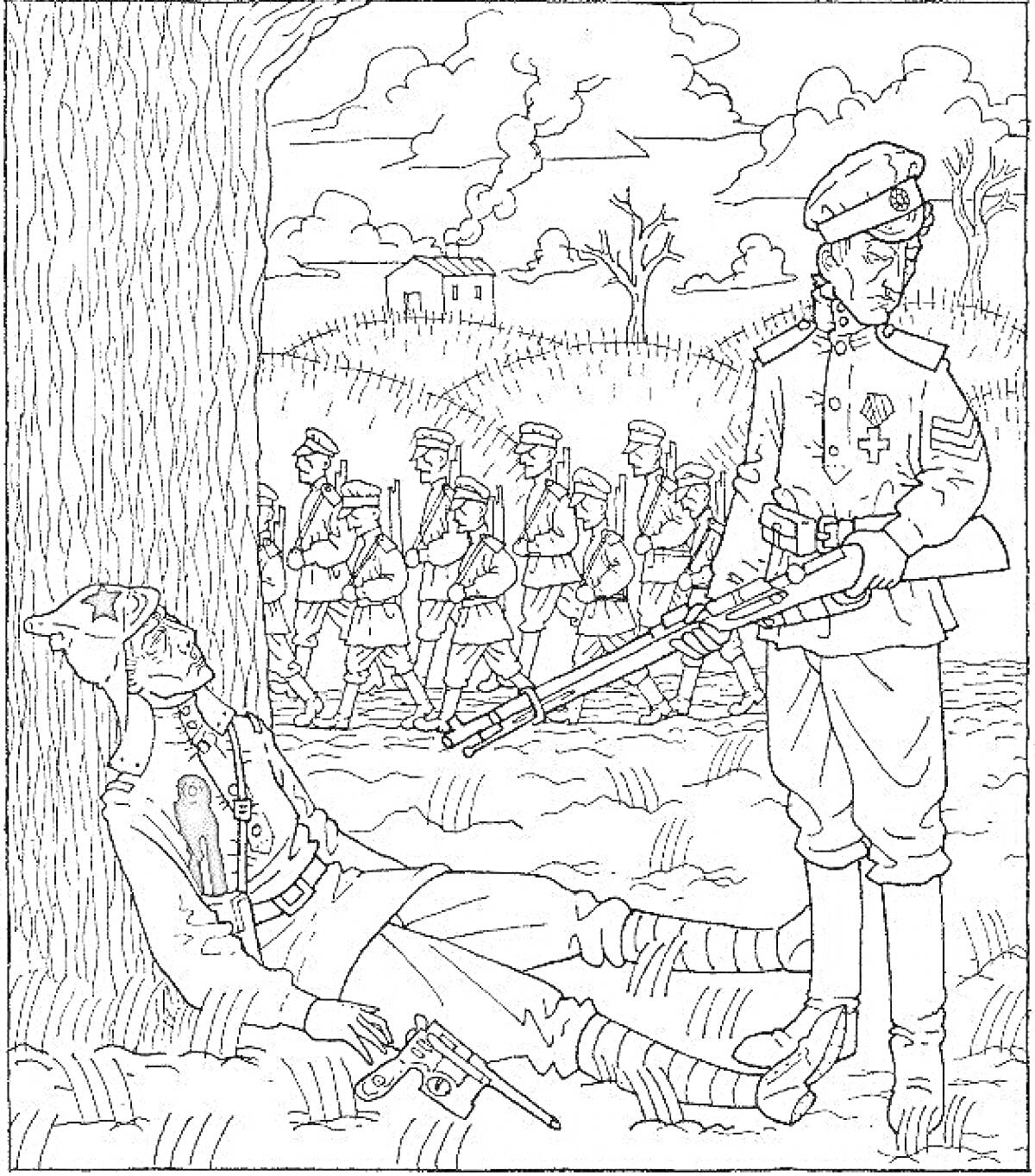 Раскраска Офицер с винтовкой у дерева с павшим солдатом и марширующие войска на фоне поля с деревьями и домами