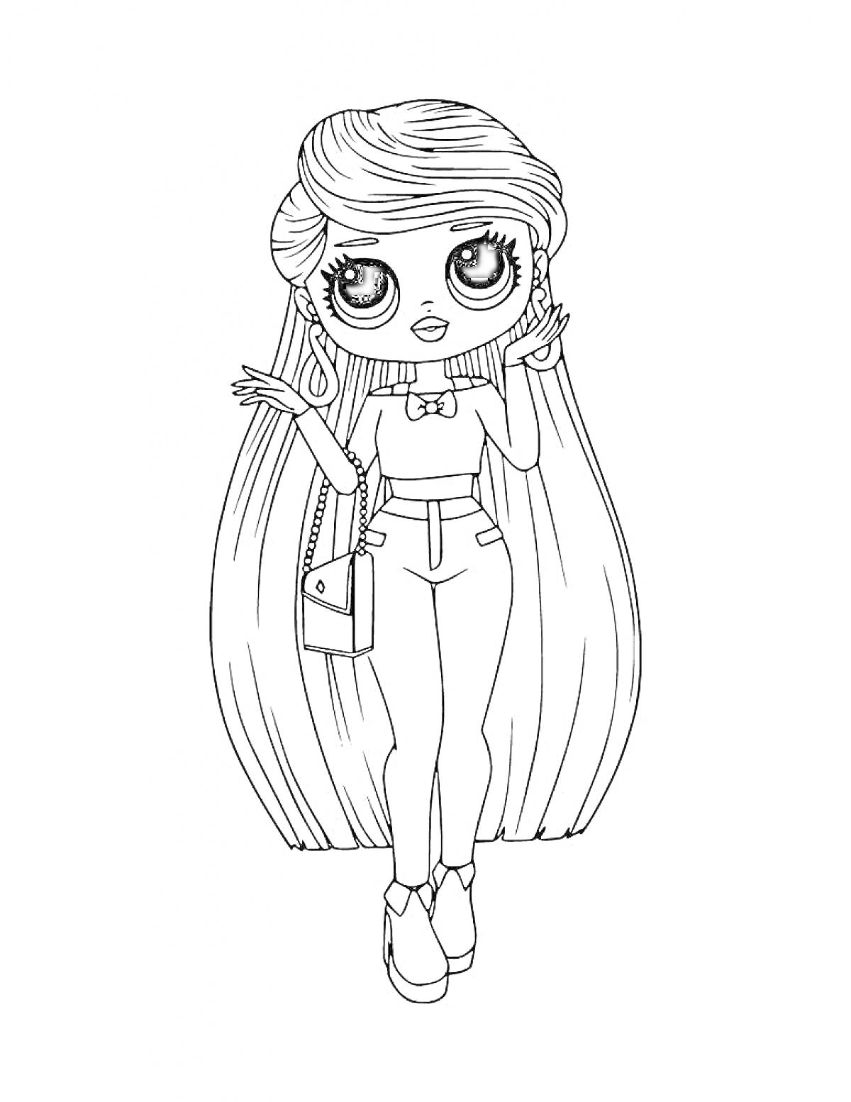 Раскраска Девочка ЛОЛ с длинными волосами, в облегающей одежде, с сумочкой через плечо и в серьгах