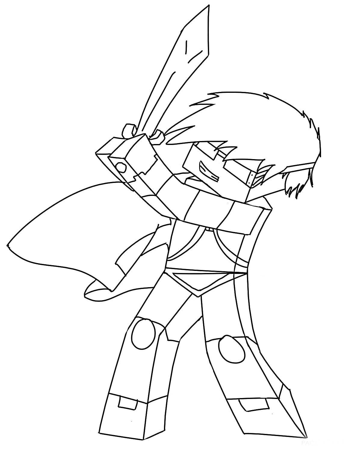 Персонаж Майнкрафт с мечом в руке и плащом