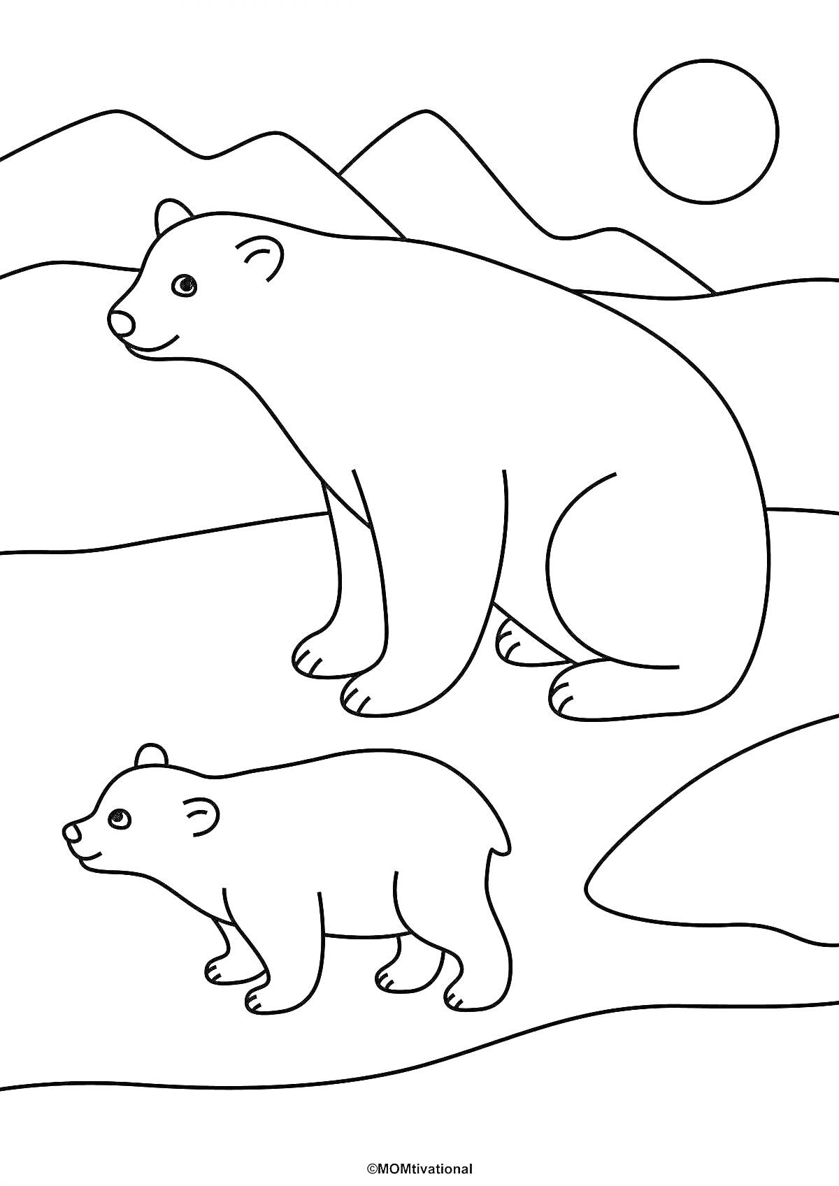 На раскраске изображено: Белый медведь, Горы, Солнце, Природа, Зимние животные, Арктика, Детский досуг