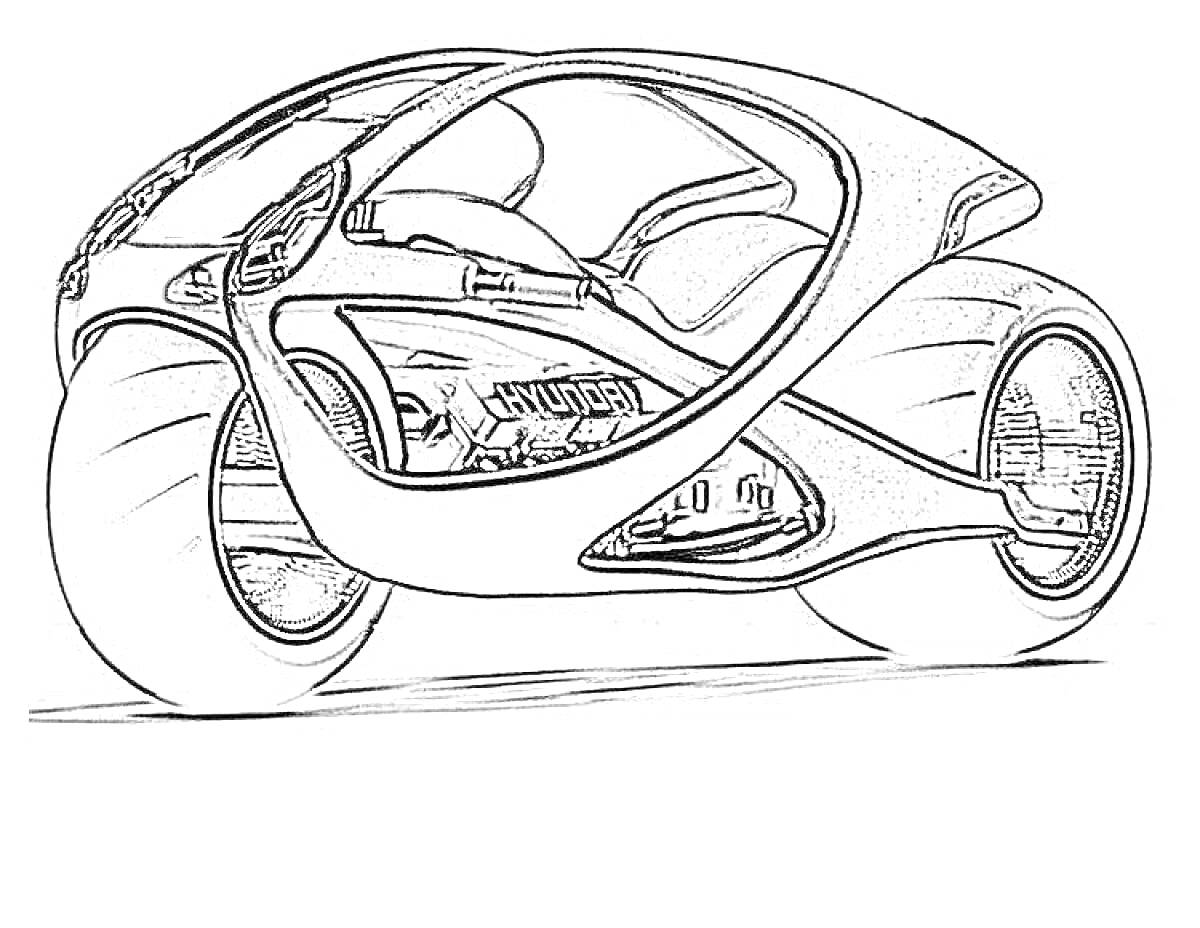 Раскраска Машина будущего с футуристическим дизайном и большими колесами
