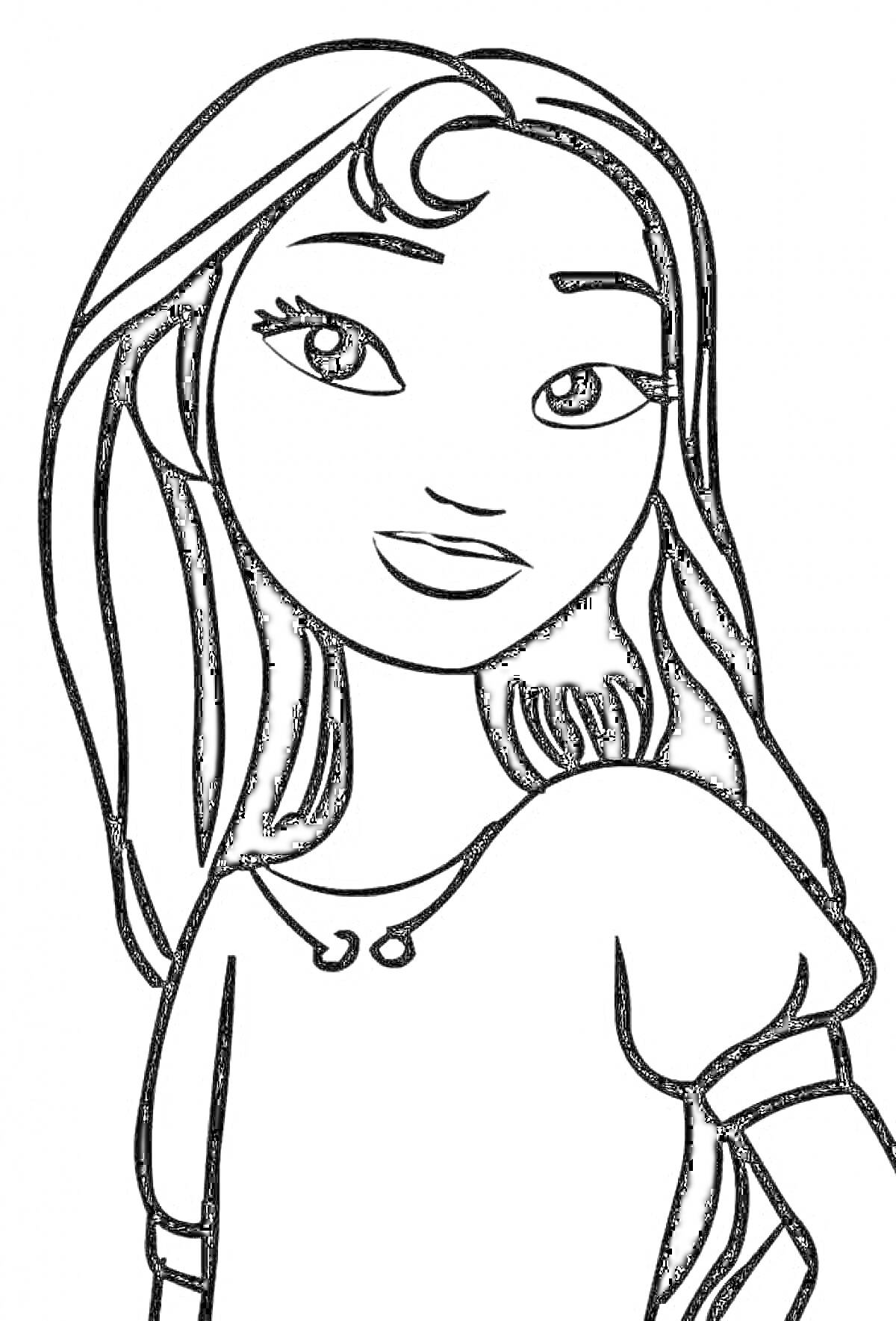 Раскраска Девушка в футболке с длинными волосами