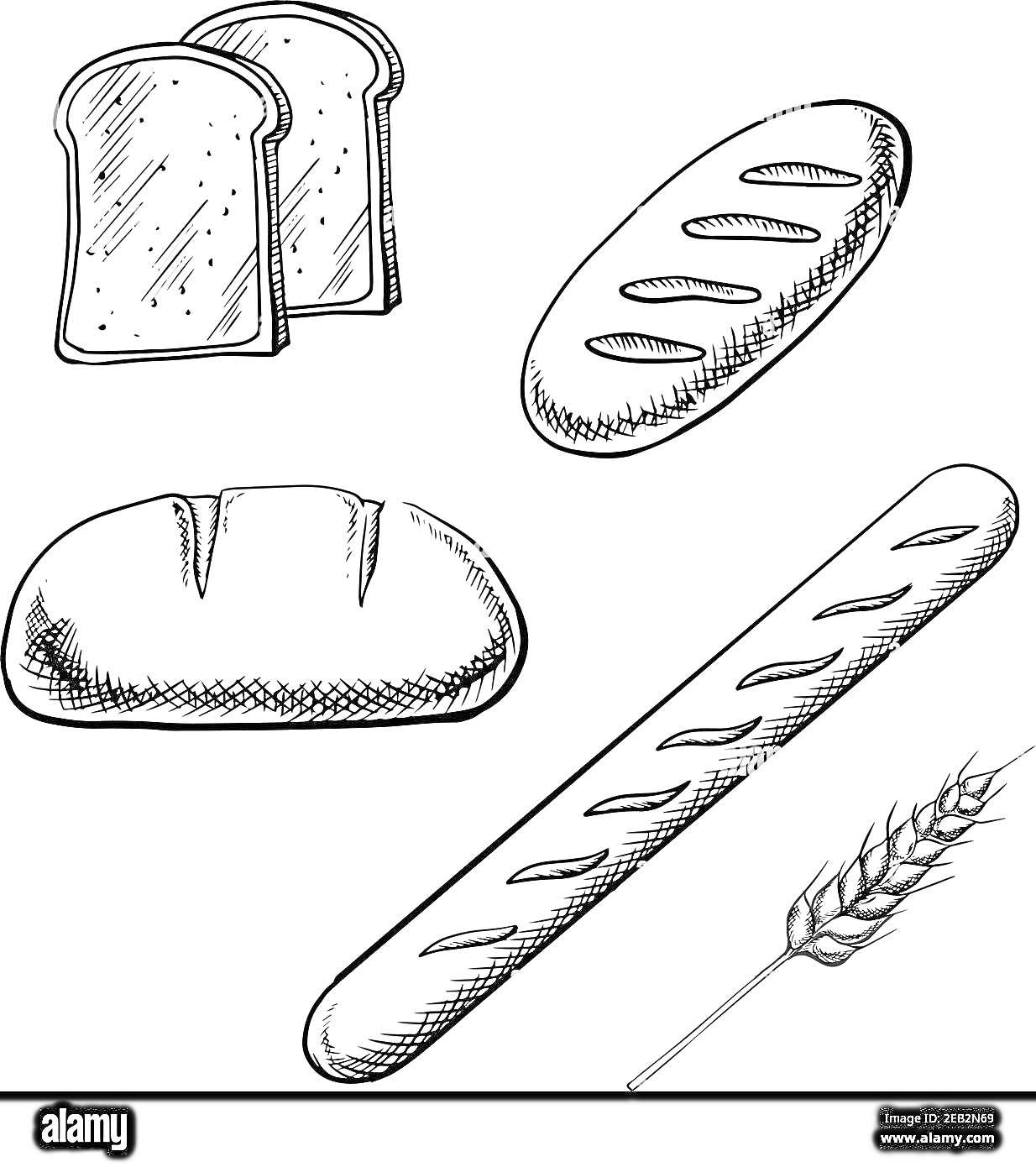 На раскраске изображено: Батон, Хлеб, Ломтики хлеба, Булочка, Багет, Еда, Выпечка, Для детей, Контурные рисунки