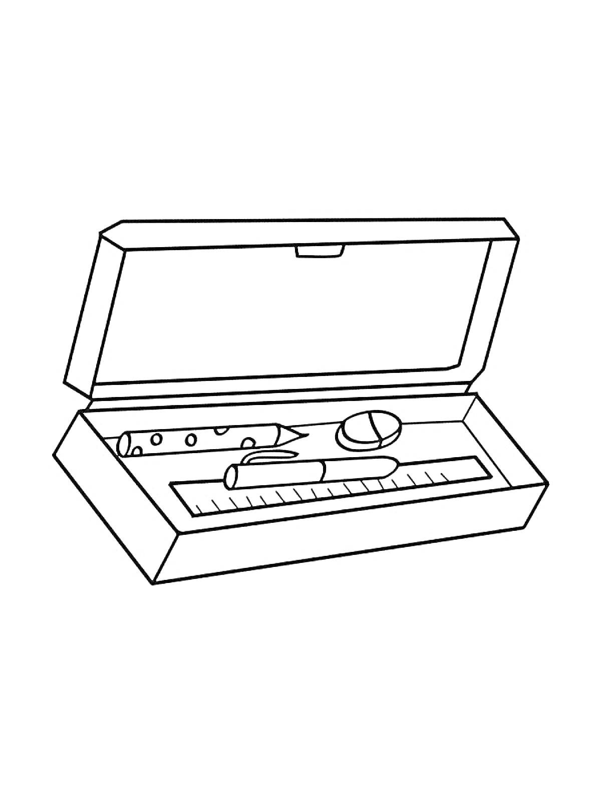 Пенал с открытой крышкой и элементами: фломастер, линейка, карандаш, ластик