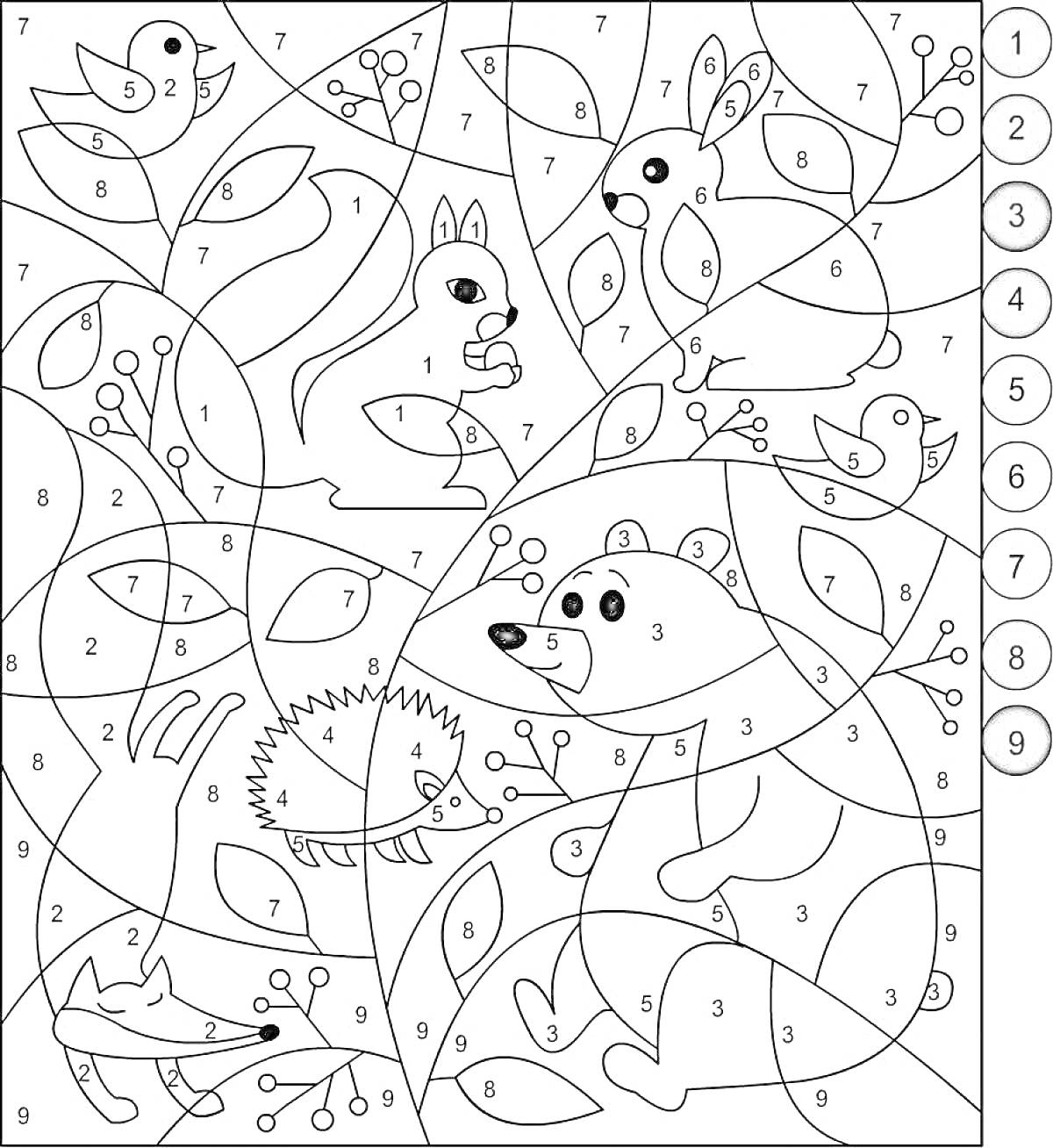 Раскраска Лесные животные и растения по номерам для раскраски