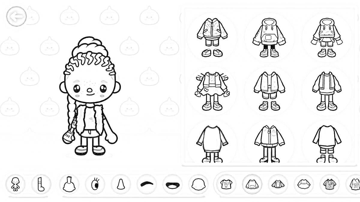 Раскраска персонаж с заплетенными волосами на экране выбора одежды