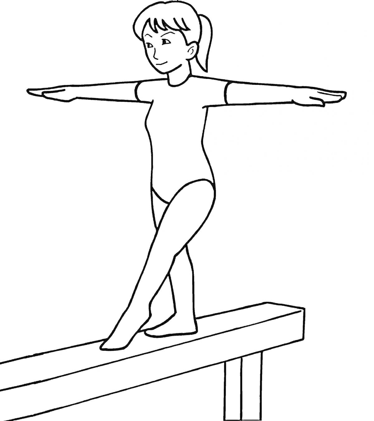 Девочка-гимнастка на бревне выполняющая упражнение в гимнастическом костюме