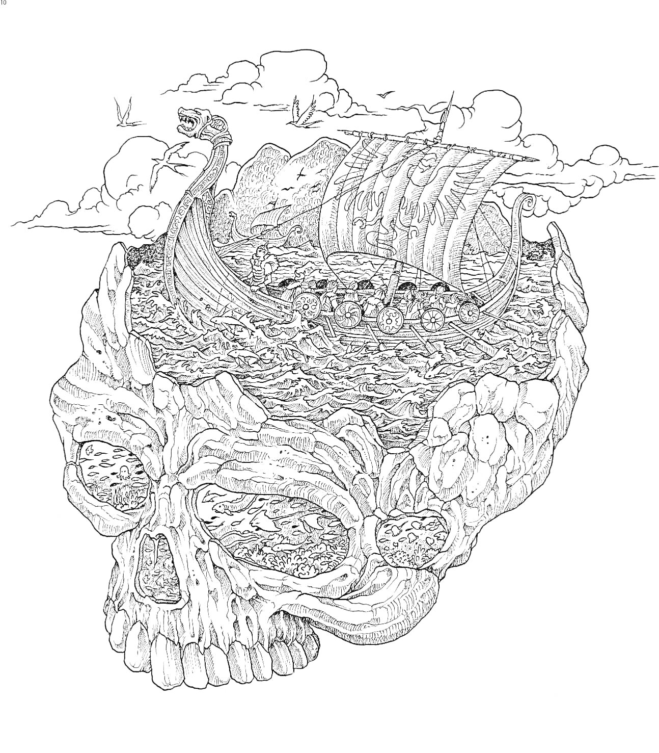 Раскраска Череп, Викингский корабль на волнах, горы, облака и птицы