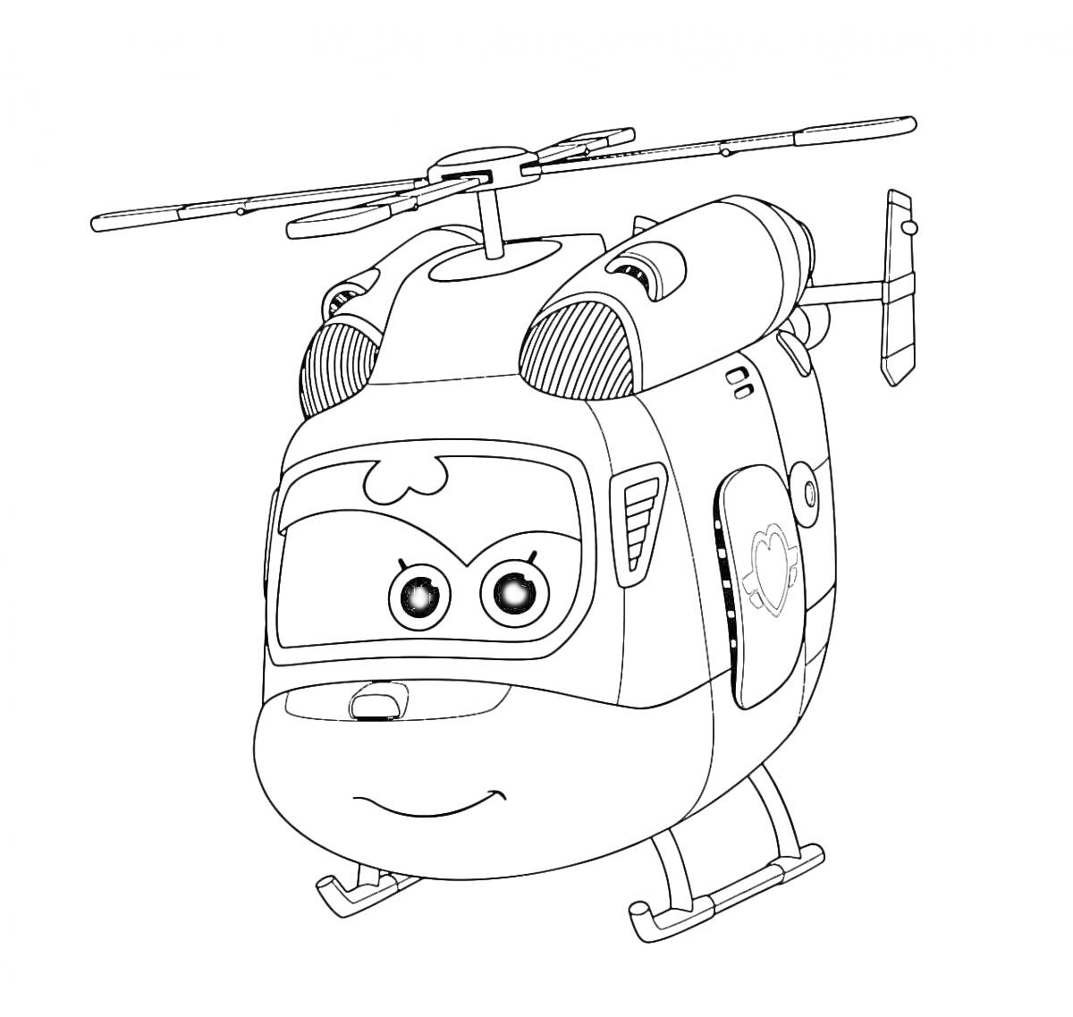 Раскраска Гоночный вертолет с улыбкой и большими глазами