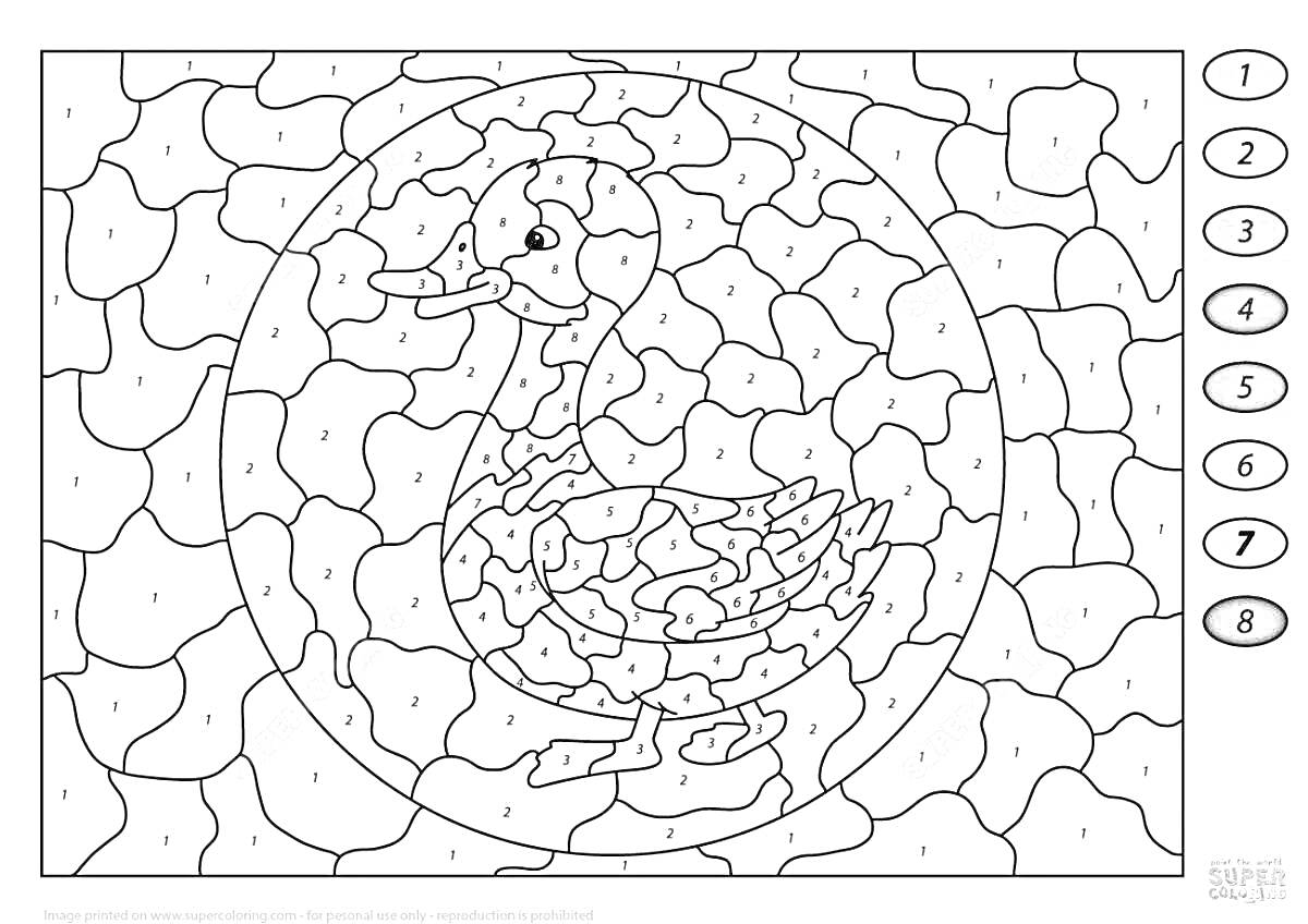 Раскраска Раскраска по номерам с изображением утки в круге на фоне мозаики