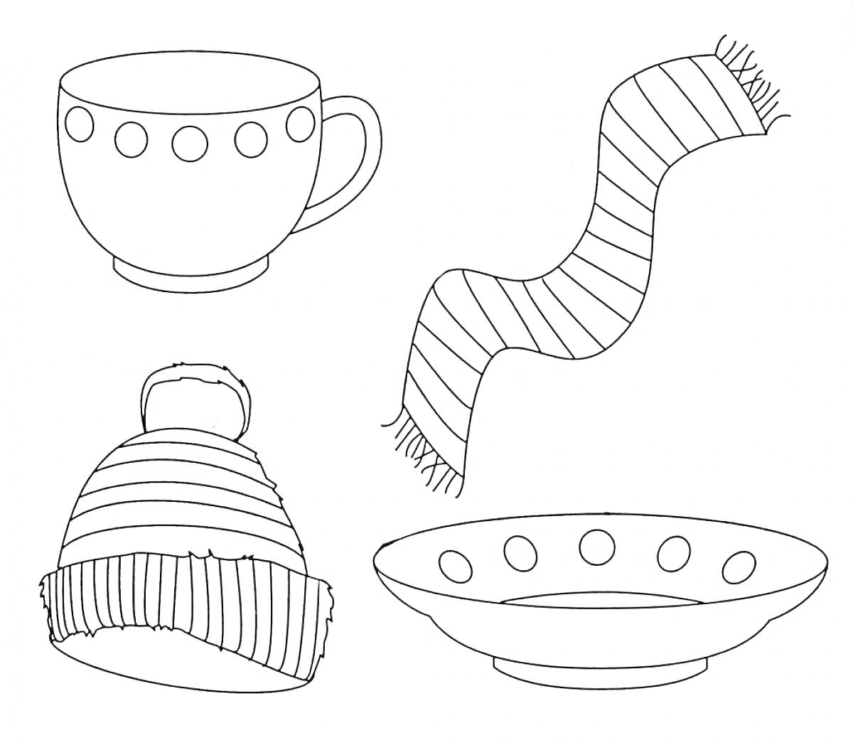 На раскраске изображено: Шапка, Шарф, Тарелка, Предметы, Зима, Посуда