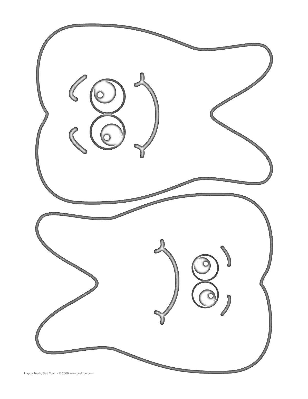 Раскраска Два зуба с разными эмоциями: один улыбающийся и один грустный.