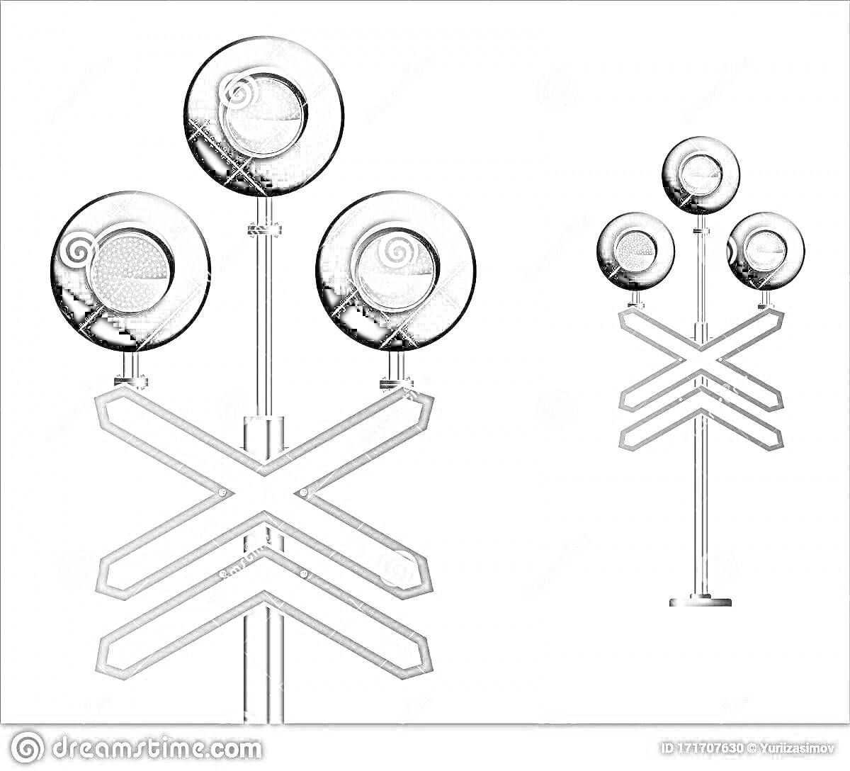 Раскраска Семафор с тремя круглыми фарами и перекрестными знаками