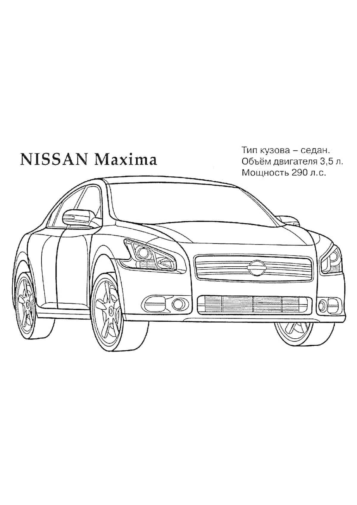 Раскраска Nissan Maxima, седан, объем двигателя 3.5 л, мощность 290 л.с.