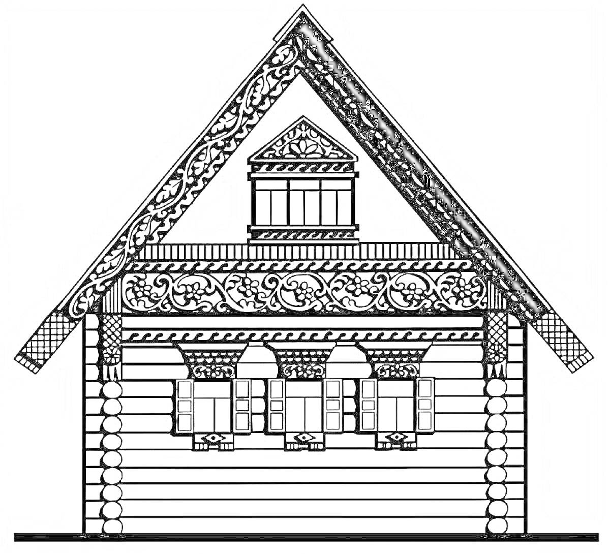Раскраска Русская изба с тремя окнами, наличниками, резным узором на фронтоне и крыше